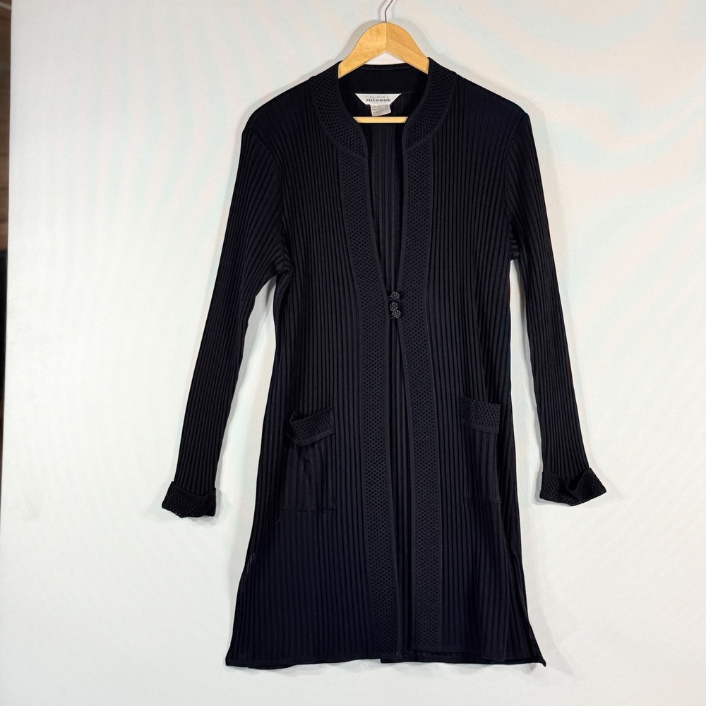 Misook Womens Large Cardigan‎ Sweater  Black Ribbed Minimal Classic Elegant Luxe